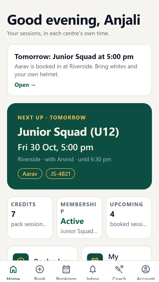 Elite One Cricket Home screen: the next session, credits, membership and upcoming bookings